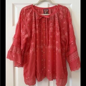 Johnny Was Heavily Embroidered Top Tay Tie Front Blouse XL NWOT